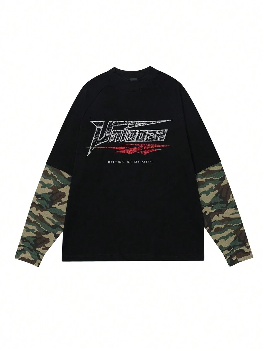 Camiseta De Hombre Con Manga Raglán 2 En 1 Con Estampado De Camuflaje Y Patchwork - Negro - Ver 1