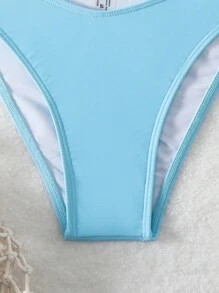 Swim Mod Solid Color Drawstring Side Bikini Set Summer - Blue - View 6