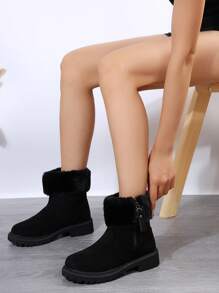 女式黑色毛內襯中筒雪地靴,冬季靴子 - 黑色 - 查看 1
