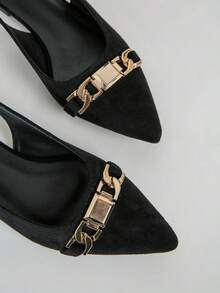 Ladies' Comfortable Pointed Toe Black Ballet Flats With Metal Buckle Strap - Black - View 5