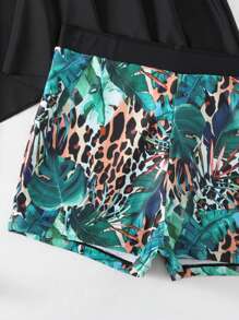 SHEIN Swim 女士豹纹与植物印花背心吊带比基尼夏季 - 黑色 - 查看 8