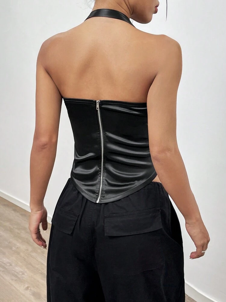 Rose Decoration Satin Halter Neck Top