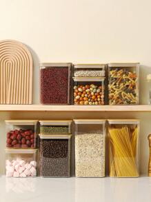 SHEIN Basic living 1 件透明食品储存罐，带竹盖，适用于面粉、谷物、糖、茶、咖啡豆、零食（矩形）圣诞节节日礼物 - 米色 - 查看 3