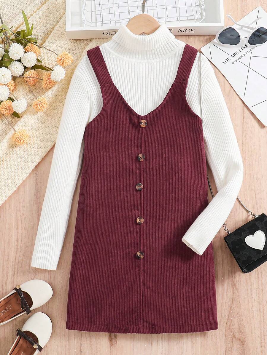 SHEIN Girls' Solid Color Corduroy Dress - Red - View 1