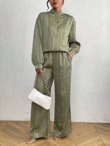 女式鈕扣前垂肩長袖襯衫和褲裝套裝 - 綠色 - 查看 5