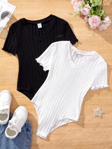 SHEIN 2pcs/Set Tween Girls' Solid Knit V-Neck Bodysuit For Casual Occasions - Black and White - View 1