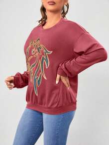 SHEIN Unity Sudadera Con Estampado De Caballo Para Mujer Con Cuello Redondo - Rojo - Ver 7