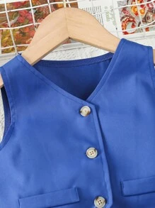 SHEIN Conjunto De Dos Piezas De Camiseta Sin Mangas Y Pantalón Largo Con Botones De Color Sólido Para Niña - azul real - Ver 3
