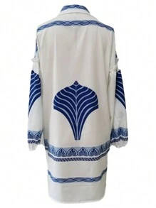 Vestido casual de mujer con rayas, de corte holgado y bajo con abertura, elegante para primavera y verano - Azul - Ver 7