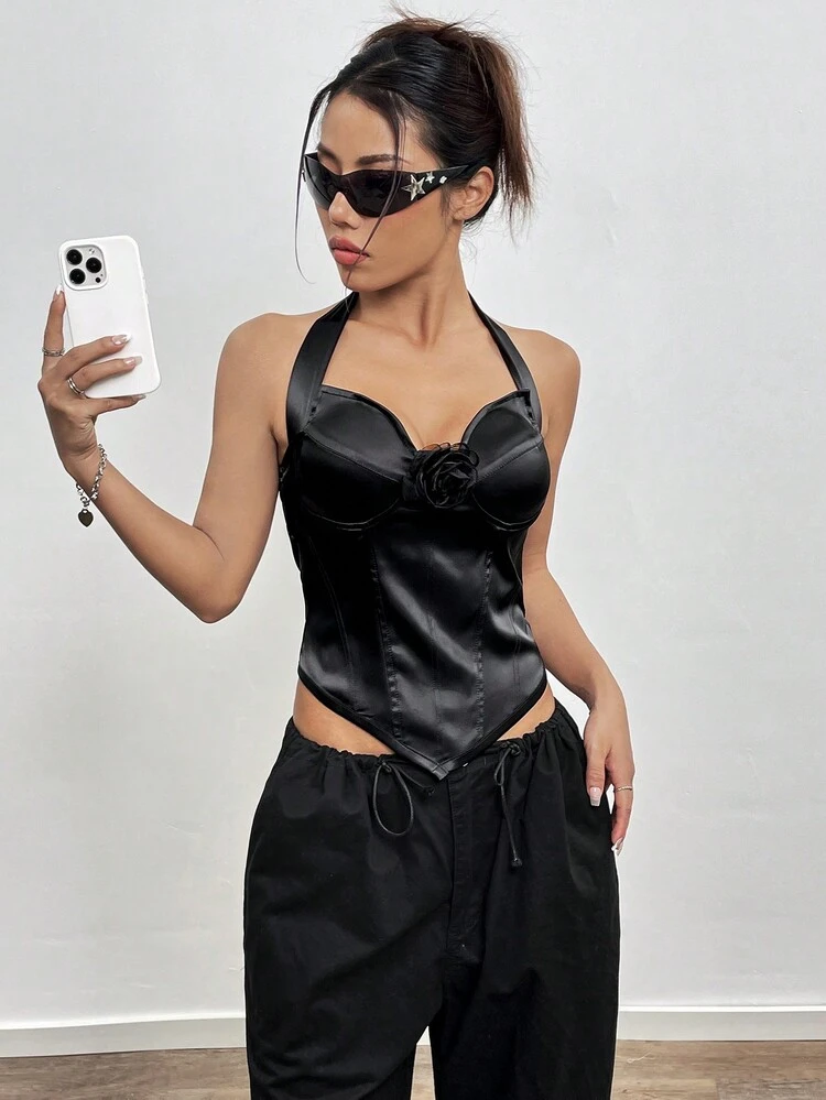 Rose Decoration Satin Halter Neck Top