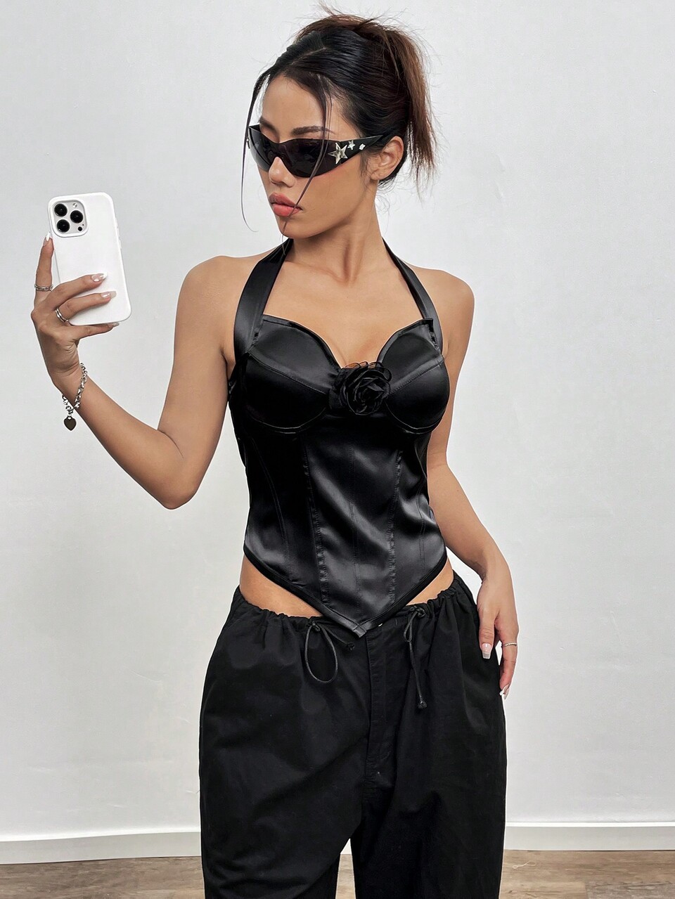 Rose Decoration Satin Halter Neck Top