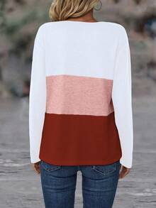 EMERY ROSE Color Block Notched Neckline Long Sleeve T-Shirt - Multicolor - View 2