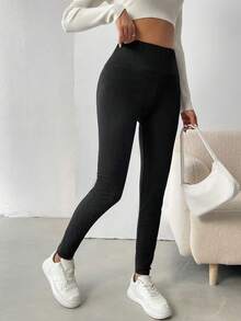 SHEIN Essnce 女士纯色保暖内衬紧身裤 - 黑色 - 查看 3