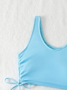 Swim Mod Solid Color Drawstring Side Bikini Set Summer - Blue - View 7