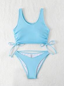 Swim Mod Solid Color Drawstring Side Bikini Set Summer - Blue - View 8