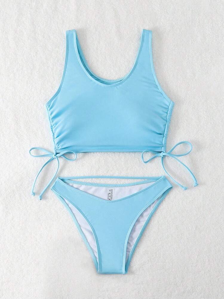 Solid Color Drawstring Side Bikini Set Summer