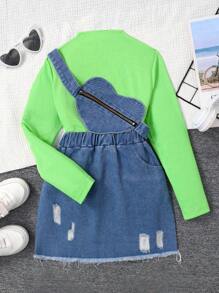 SHEIN Cô gái Tween Áo phông trơn & Rách Raw Hem Váy & Cái túi - Nhiều màu - Xem 1