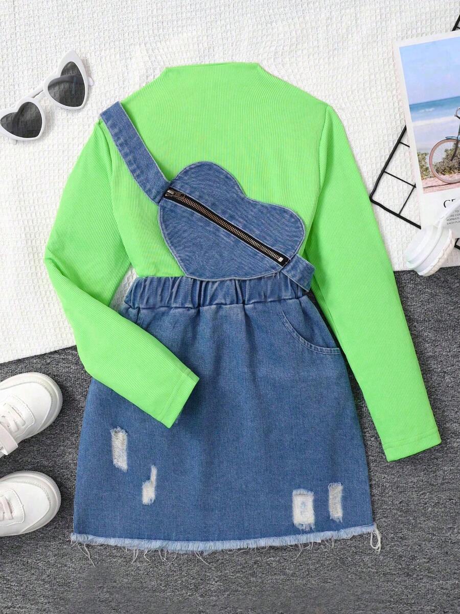 SHEIN Cô gái Tween Áo phông trơn & Rách Raw Hem Váy & Cái túi - Nhiều màu - Xem 1