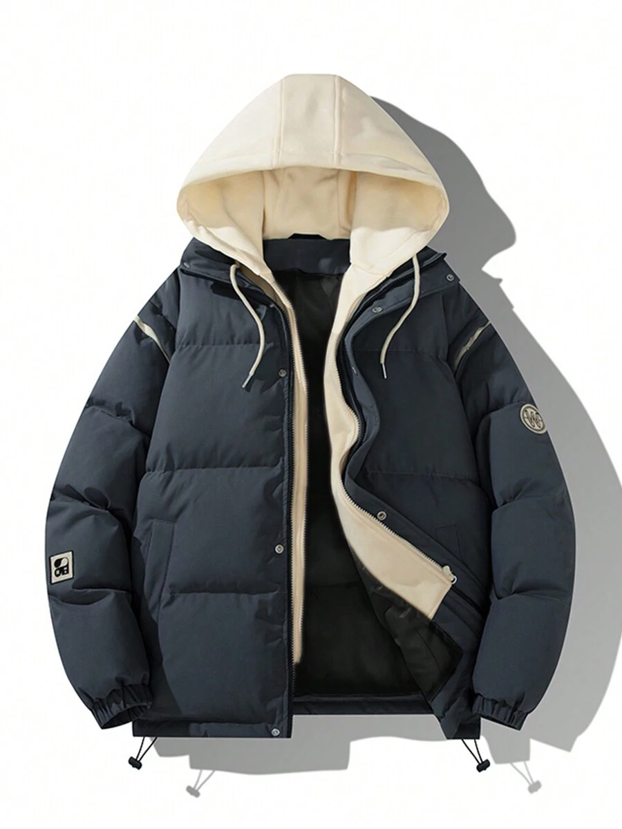 男款2合1帽裝加厚夾棉外套,內裡有派克風格夾克,適用於冬季 - 深灰色 - 查看 1