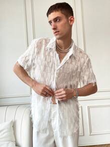 Manfinity Fever City Men's Fringe Shirt , Short Sleeve Button Up See Through Plain All White Party Sexy - White - View 3