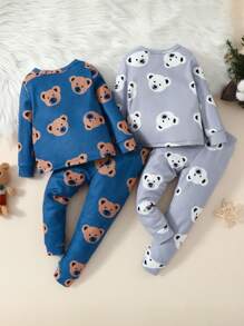 Baby Boys' Bear Printed Long Sleeve Long Pants Snug Fit Homewear Set - Multicolor - View 2