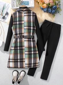 青少年女孩休閒羊毛背心配腰帶、長 T 恤和緊身褲套裝 - 綠色 - 查看 2