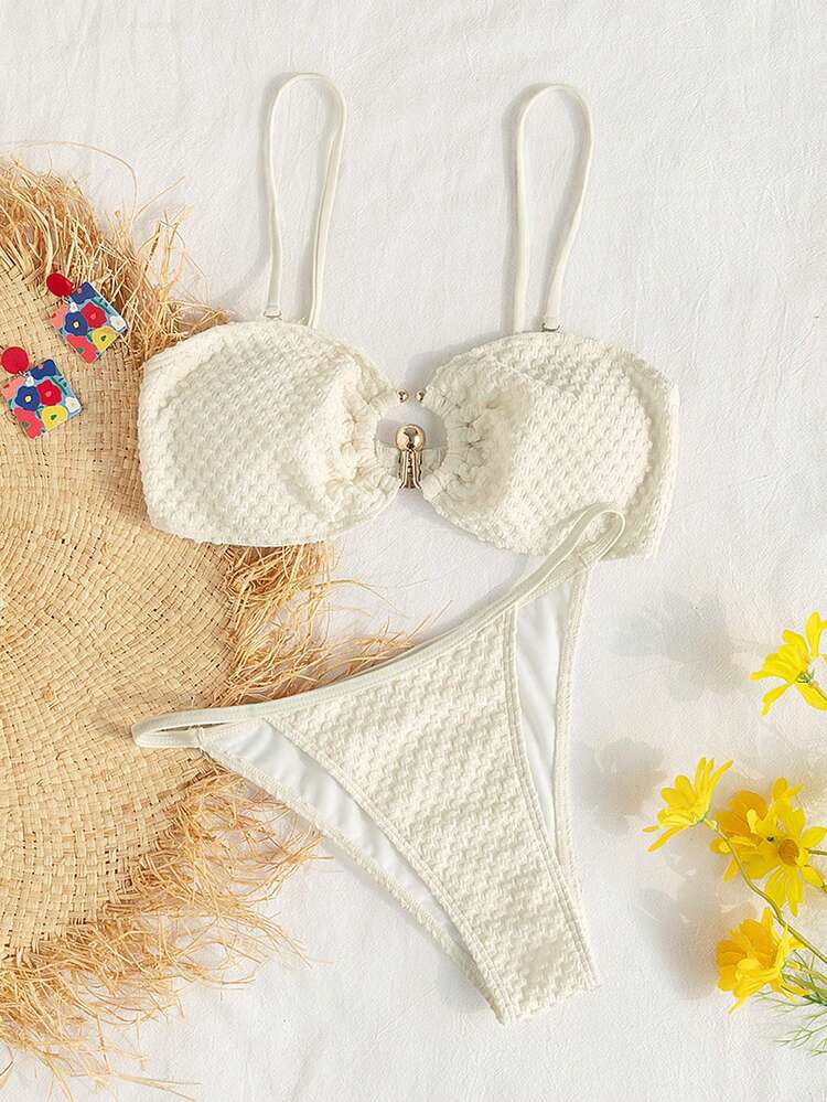 SHEIN Swim 圓環和紋理裝飾的比基尼套裝 - 米色 - 查看 7