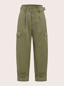 Women's Solid Color Belted Cargo Trousers - Khaki - View 1
