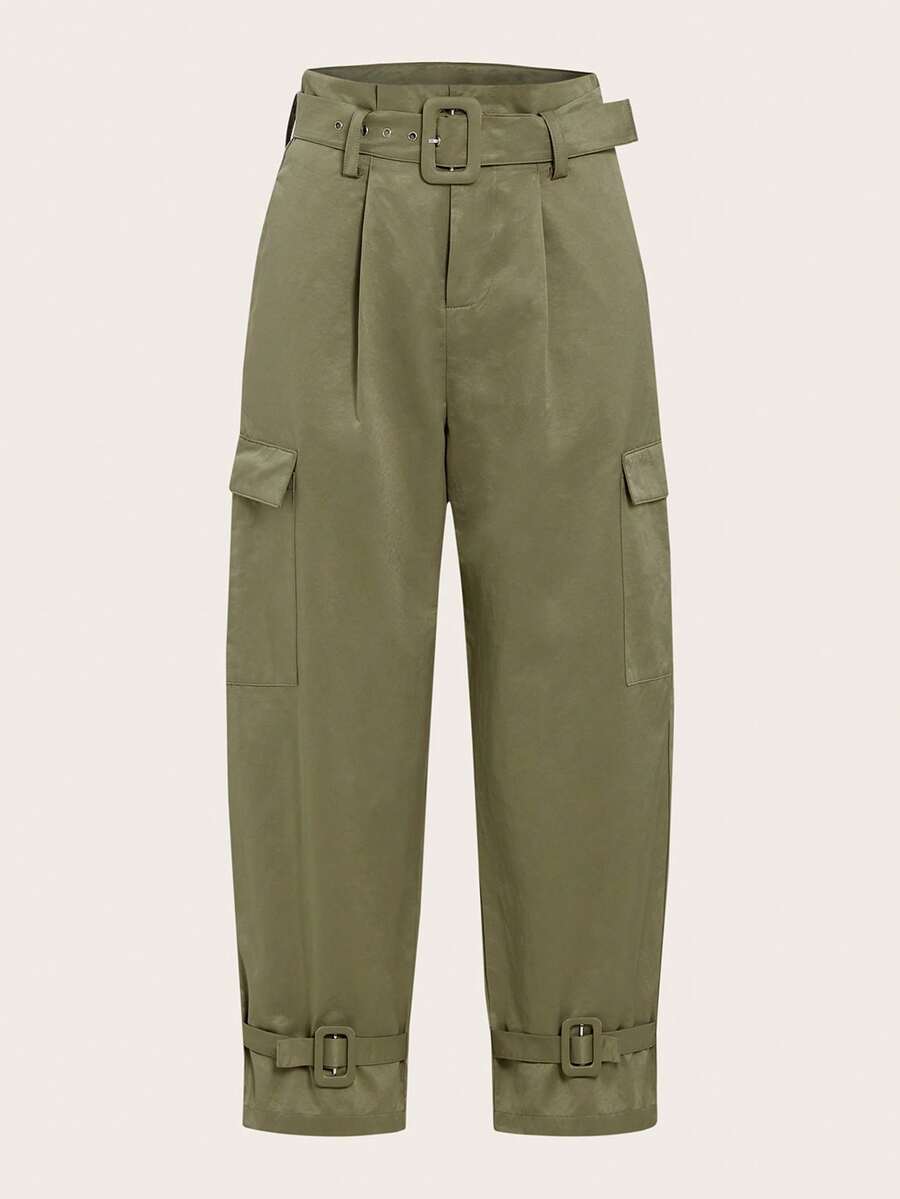 Women's Solid Color Belted Cargo Trousers - Khaki - View 1