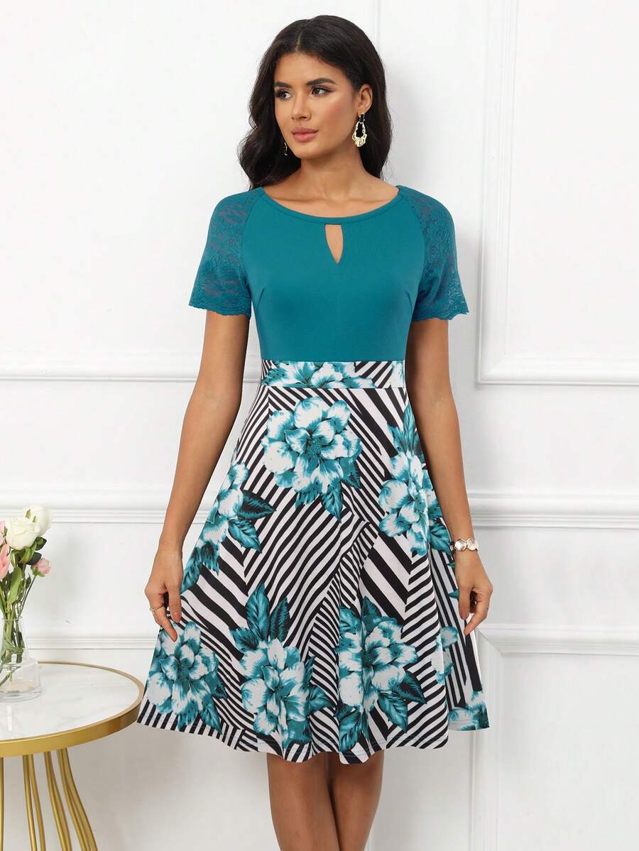 Striped & Floral Print Keyhole Neckline Dress - Green - View 1