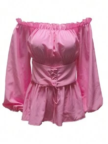 Modieus lente/zomer shirt met ruches, lange mouwen en ruches aan de zoom voor dames - Roze - Bekijken 3