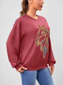 SHEIN Unity Sudadera Con Estampado De Caballo Para Mujer Con Cuello Redondo - Rojo - Ver 3
