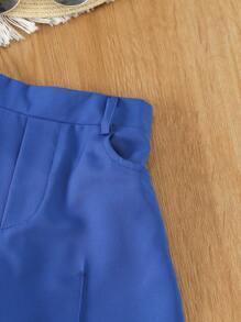 SHEIN Conjunto De Dos Piezas De Camiseta Sin Mangas Y Pantalón Largo Con Botones De Color Sólido Para Niña - azul real - Ver 6