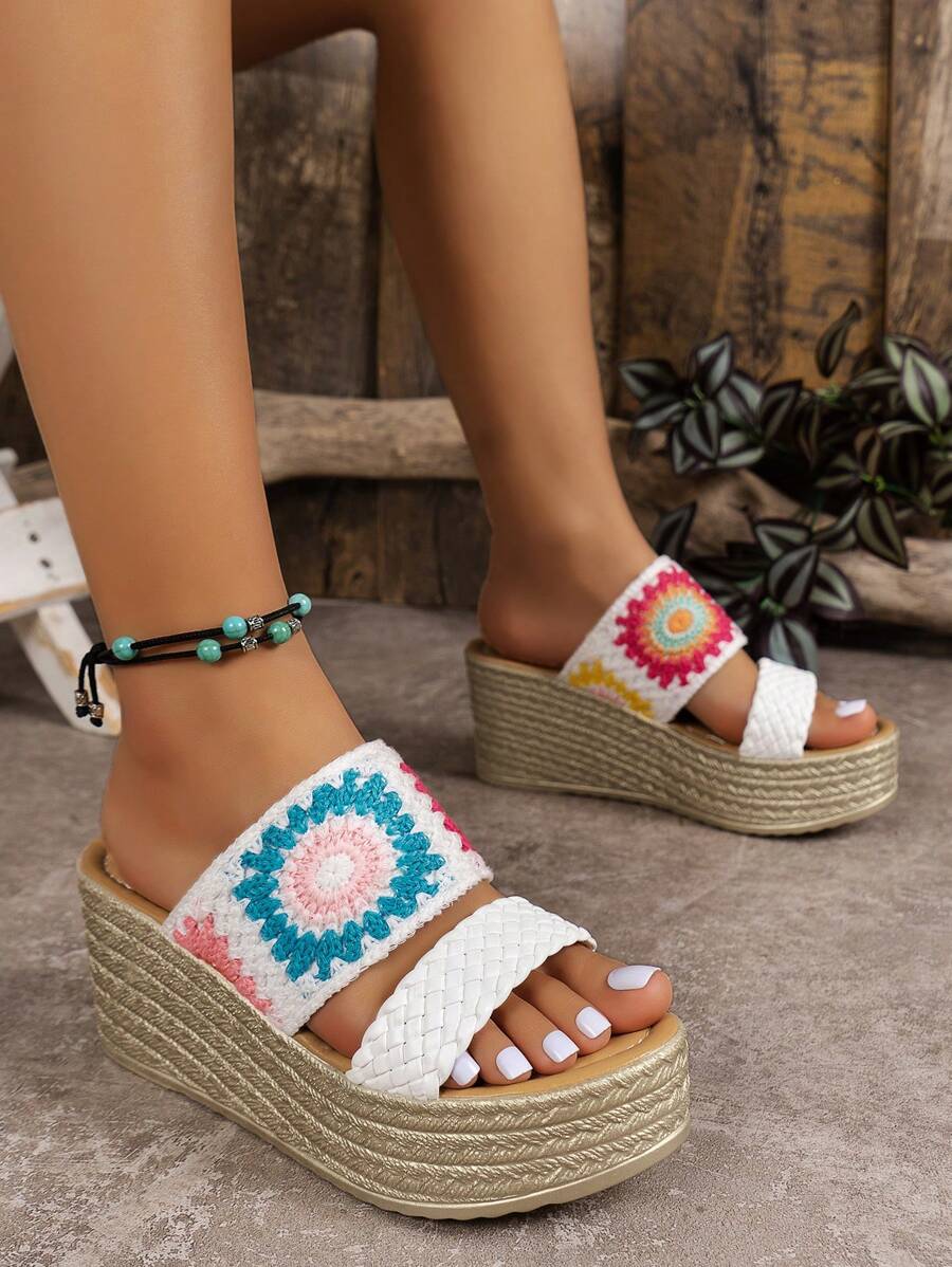 Sandales À Plateforme À Talon Compensé Pour Femmes De Style Bohémien, Chaussures À Talon Haut À Semelle Épaisse Pour Les Vacances D'été - Blanc - Voir 1