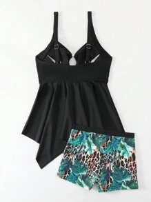 SHEIN Swim 女士豹纹与植物印花背心吊带比基尼夏季 - 黑色 - 查看 5