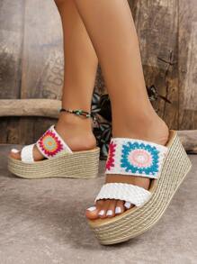 Sandales À Plateforme À Talon Compensé Pour Femmes De Style Bohémien, Chaussures À Talon Haut À Semelle Épaisse Pour Les Vacances D'été - Blanc - Voir 3