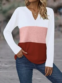EMERY ROSE Color Block Notched Neckline Long Sleeve T-Shirt - Multicolor - View 4