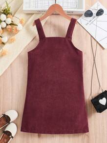 SHEIN Girls' Solid Color Corduroy Dress - Red - View 2