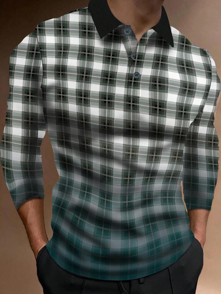 Men's Plus Size Plaid Long Sleeve Polo Shirt