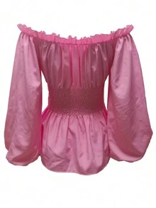 Modieus lente/zomer shirt met ruches, lange mouwen en ruches aan de zoom voor dames - Roze - Bekijken 2