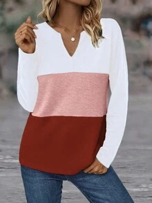 EMERY ROSE Color Block Notched Neckline Long Sleeve T-Shirt - Multicolor - View 3
