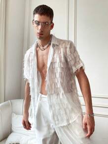 Manfinity Fever City Men's Fringe Shirt , Short Sleeve Button Up See Through Plain All White Party Sexy - White - View 1