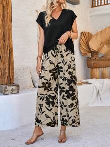 EMERY ROSE Conjunto De Pantalón Con Estampado Floral Y Top Con Mangas De Murciélago Y Cuello En V - Negro - Ver 5