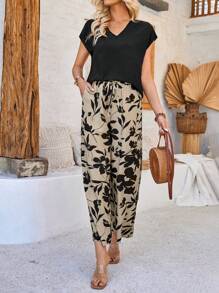 EMERY ROSE Conjunto De Pantalón Con Estampado Floral Y Top Con Mangas De Murciélago Y Cuello En V - Negro - Ver 6