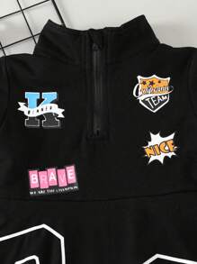 SHEIN Young Girl Fashionable Pattern Printed Half-Zipper A-Line Dress For Spring And Summer - Black - View 4