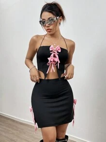SHEIN Unity 蝴蝶結裝飾掛脖上衣裙套裝 - 黑色 - 查看 1