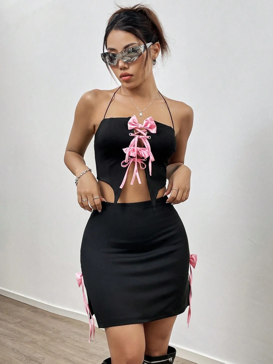 SHEIN Unity 蝴蝶結裝飾掛脖上衣裙套裝 - 黑色 - 查看 1