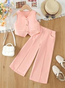 SHEIN Young Girl Solid Single Breasted Vest & Wide Leg Pants - Pink - View 1