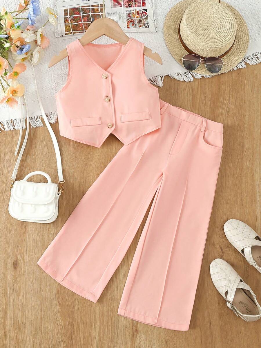 SHEIN Young Girl Solid Single Breasted Vest & Wide Leg Pants - Pink - View 1