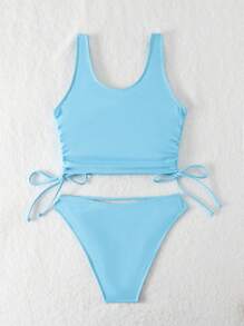 Swim Mod Solid Color Drawstring Side Bikini Set Summer - Blue - View 5